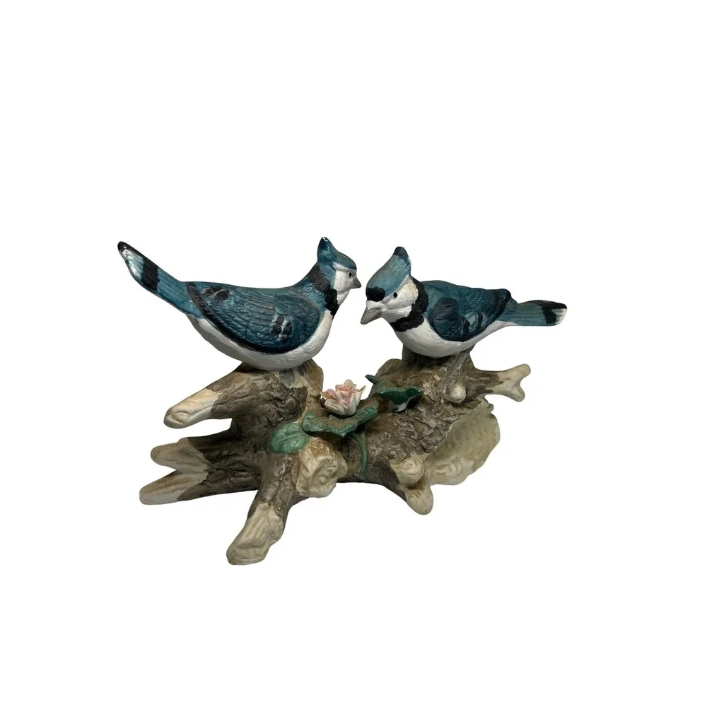 Decorative Blue Jay Bird Figurine Perched on Branch with Flower